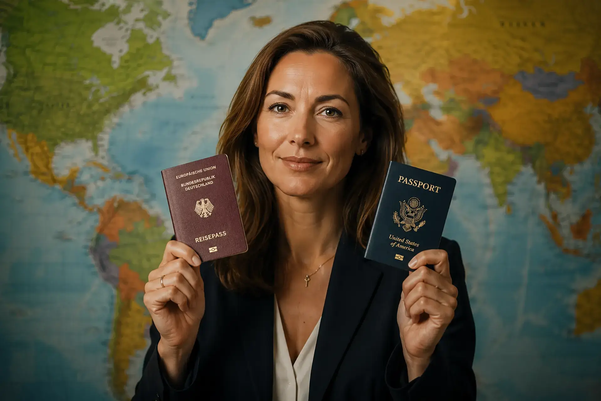 Doppelte Staatsbürgerschaft Frau mit zwei Pässen vor einer Landkarte Frau am Laptop beim Ikigai Prozess